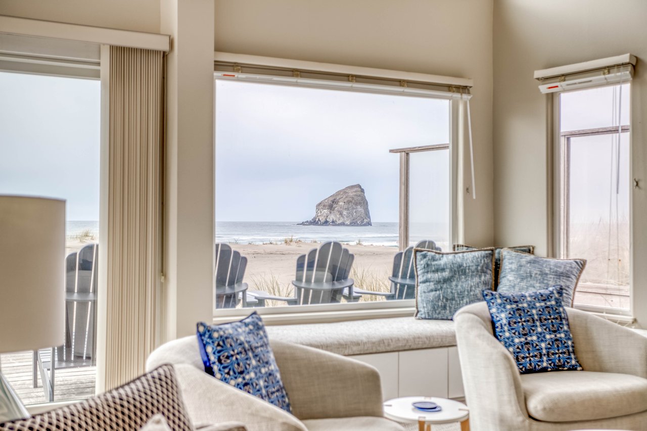 View from the living room of the rock and beach